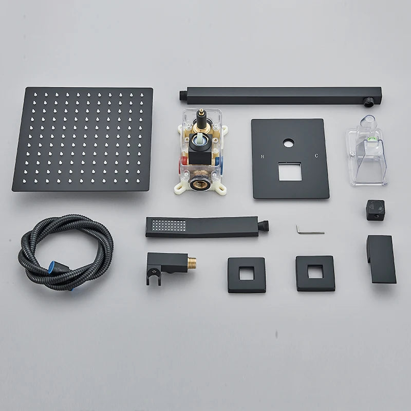 Matte Black Concealed Rainfall & Waterfall Shower System with Tub Spout