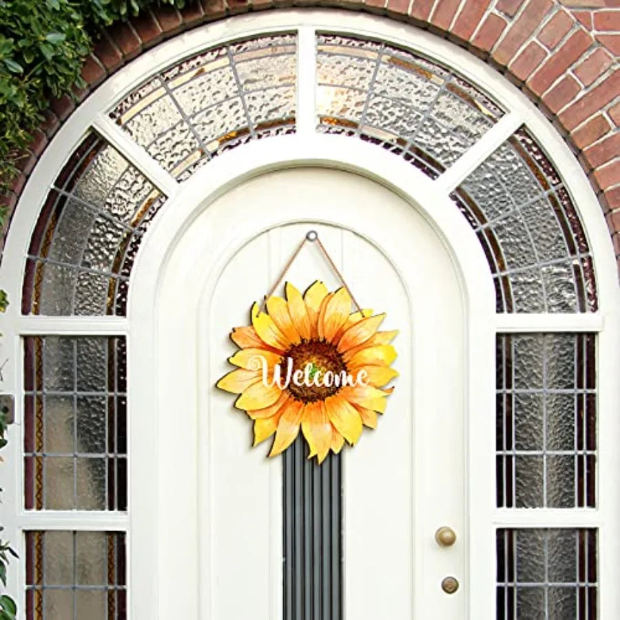 Welcome Wood Door Hanger 12 Inch Large Wooden Flower Sign, Inspirational Wall Porch Art, Summer Fall Front Door Wreath, Indoor
