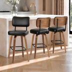 Counter Height Bar Stools Set Of 3, 26in Swivel Bar Stools With Back, Faux Leather Kitchen Island Stools, Bentwood Legs