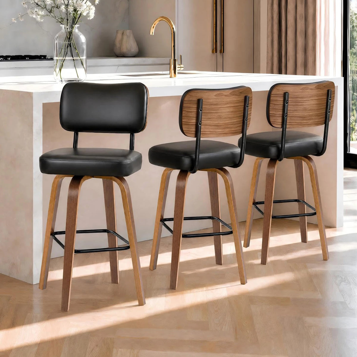 Counter Height Bar Stools Set Of 3, 26in Swivel Bar Stools With Back, Faux Leather Kitchen Island Stools, Bentwood Legs