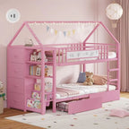 Twin Over Twin House Bunk Bed with 6 Drawers, Storage & Lights
