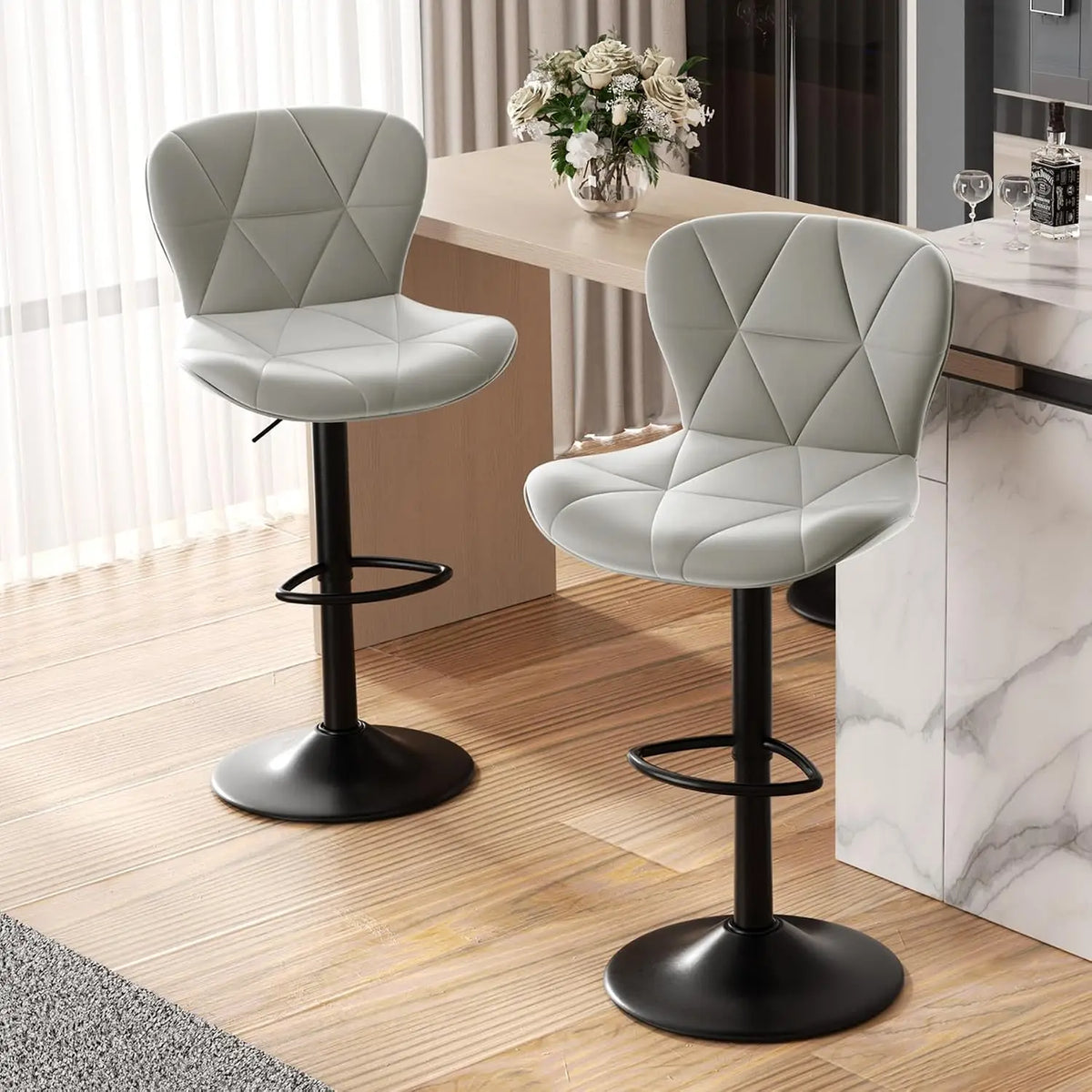 Set of 2 Modern Swivel Bar Stools, Adjustable Faux Leather Upholstered Counter Height Bar Chairs, Custom