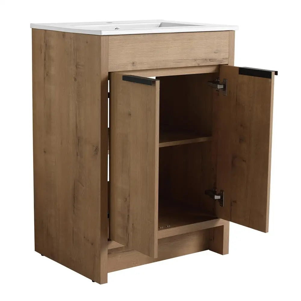 24" Freestanding Bathroom Vanity with White Ceramic Sink & 2 Soft-Close Cabinet Doors