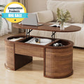 Oval Walnut Fluted Lift Top Coffee Table Hidden Storage Small Spaces Home Office Living Room Mid Century Modern Center Table