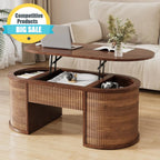 Oval Walnut Fluted Lift Top Coffee Table Hidden Storage Small Spaces Home Office Living Room Mid Century Modern Center Table