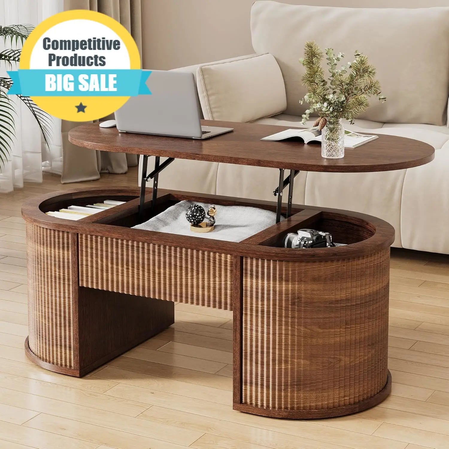 Oval Walnut Fluted Lift Top Coffee Table Hidden Storage Small Spaces Home Office Living Room Mid Century Modern Center Table