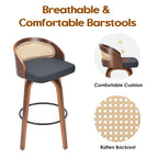 Swivel Bar Stools, Modern Wood Frame with Rattan Back, PU Leather Seat for Kitchen Counter & Bar Table - Set of 2