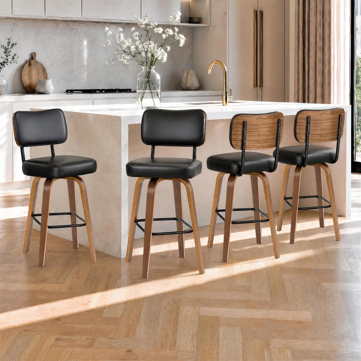 Counter Height Bar Stools Set Of 3, 26in Swivel Bar Stools With Back, Faux Leather Kitchen Island Stools, Bentwood Legs
