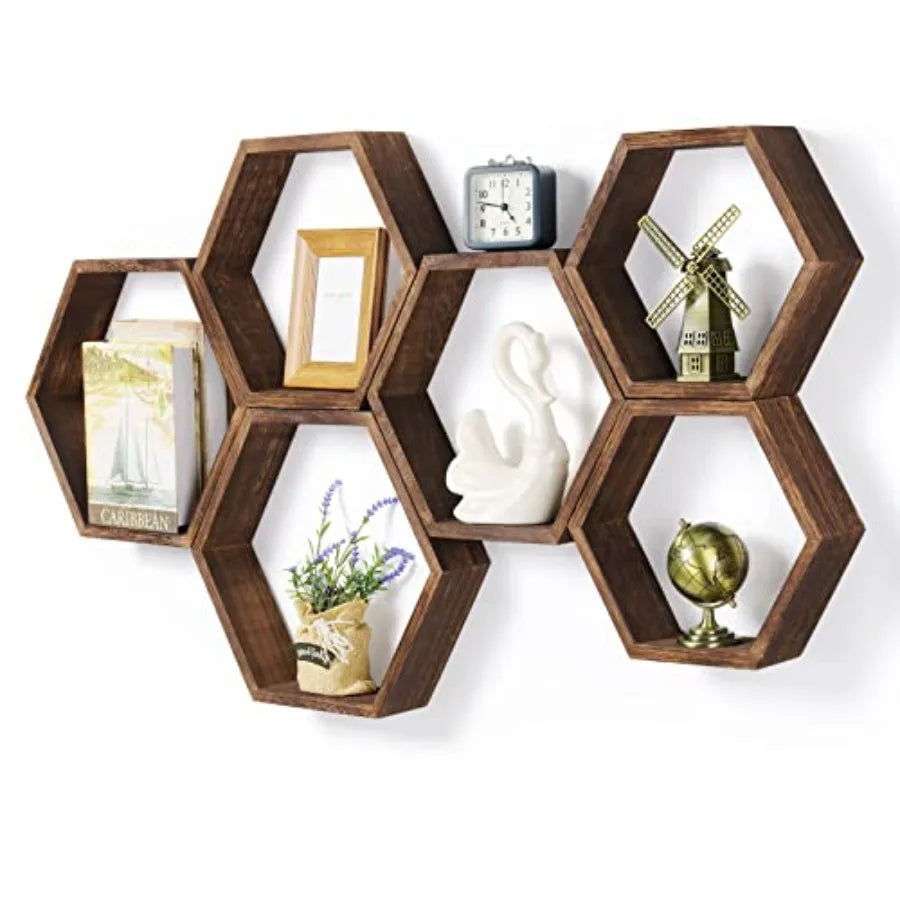 Heritage Hexagon Floating Wall Shelves – Set of 6 Honeycomb Shelves