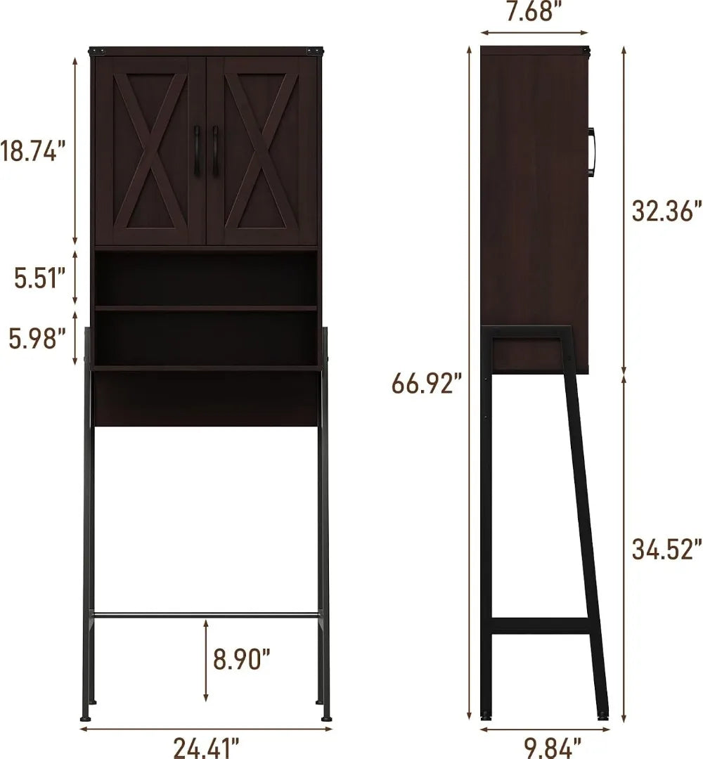 Farmhouse Over Toilet Storage Cabinet, Metal Frame with Barn Doors, Space-Saving Bathroom Rack