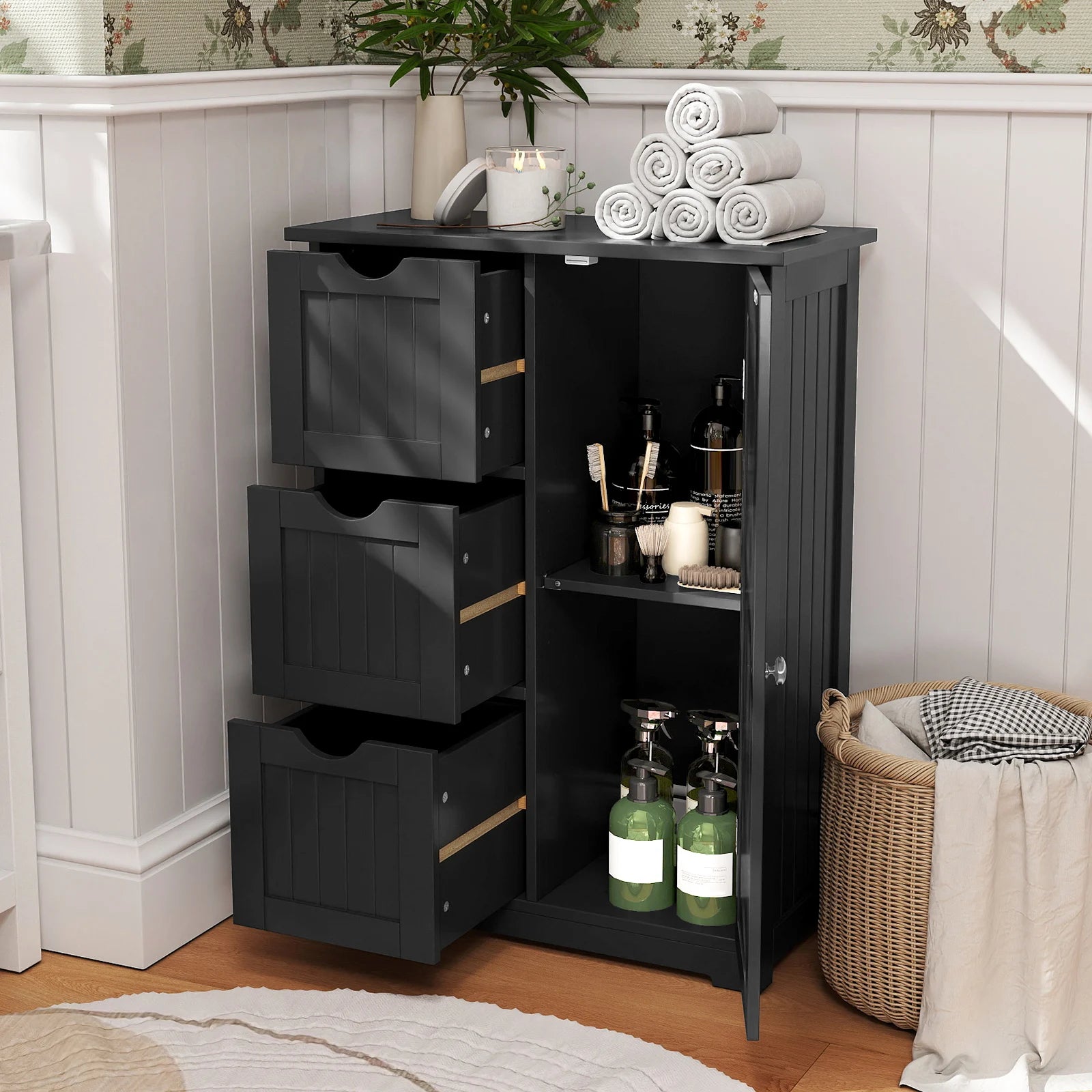 HavenHarbor Bathroom Floor Storage Cabinet with 3 Drawers & Adjustable Shelf