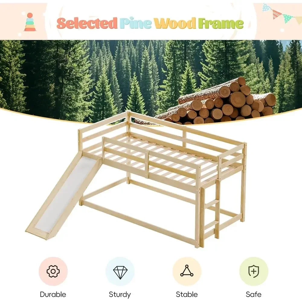 Twin Low Loft Bed with Slide, Ladder & Safety Rails