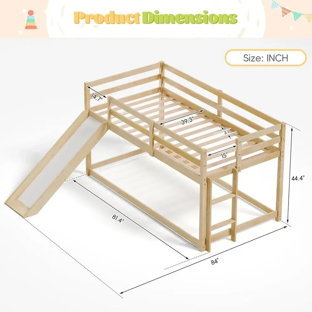 Twin Low Loft Bed with Slide, Ladder & Safety Rails