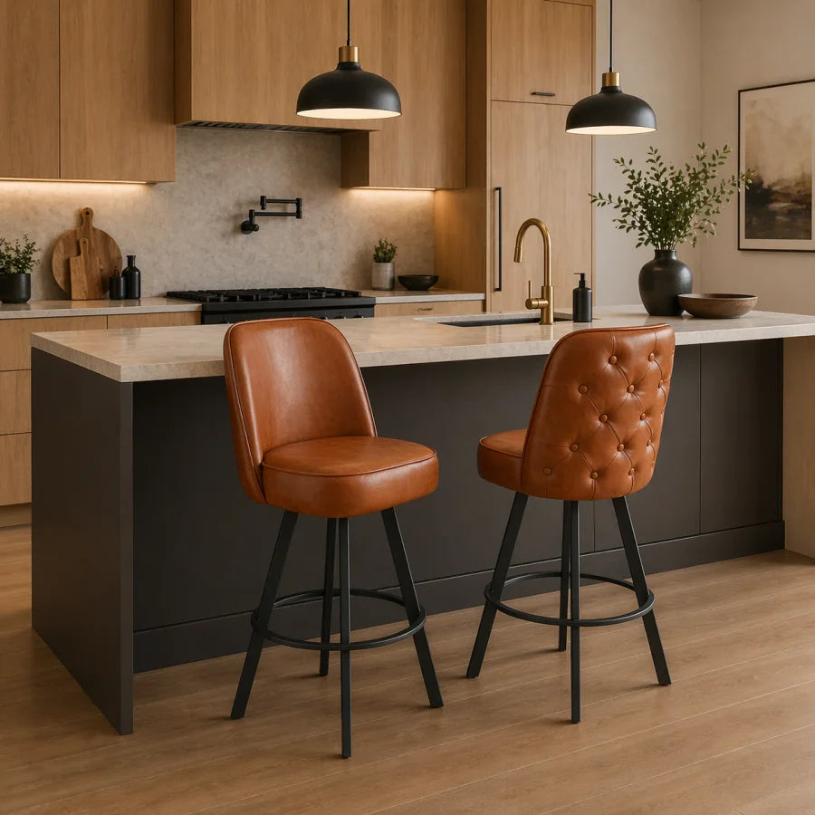 Set of 2 Commercial Grade Swivel Button-Tufted Back Bar Stools with Metal Frame Counter Height Kitchen Island Chairs, Comfortab