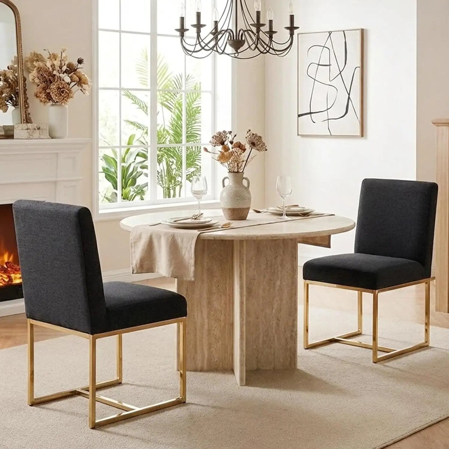 Monroe Mid-Century Linen Dining Chairs with Gold Frame