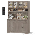 Green Kitchen Pantry & Coffee Bar Hutch with Charging Station, Glass Doors, Wine Storage & 2 Drawers