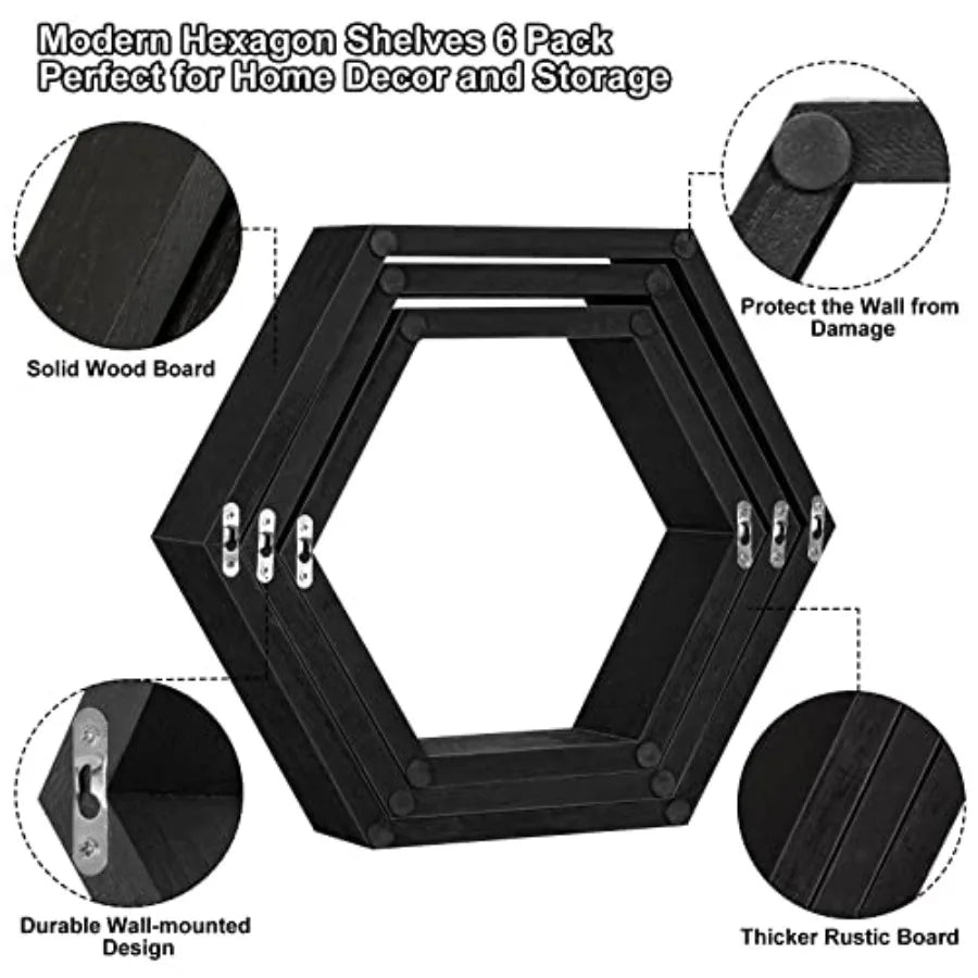 Heritage Hexagon Floating Wall Shelves – Set of 6 Honeycomb Shelves