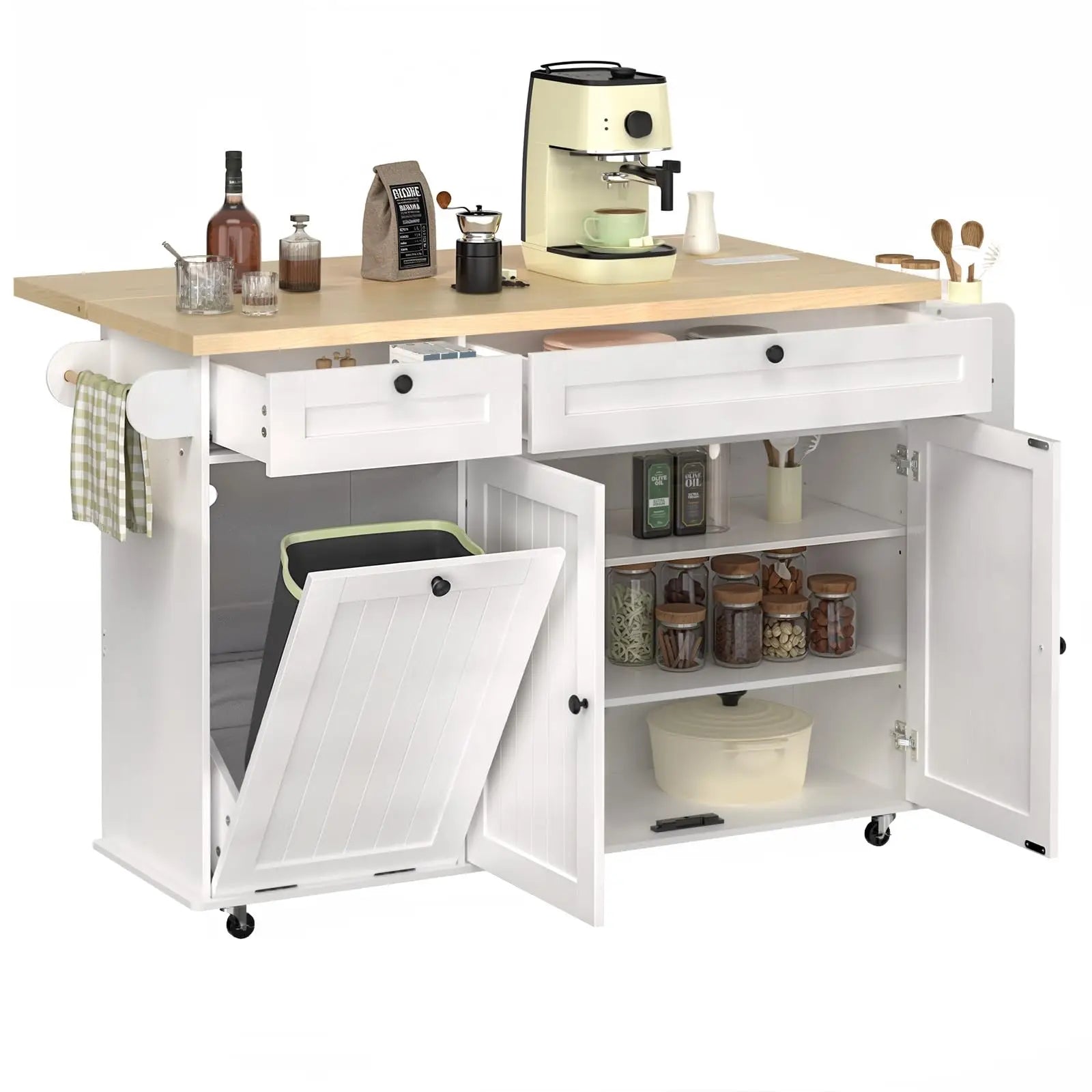 Rolling Kitchen Island with Drop Leaf, Power Outlet & Storage