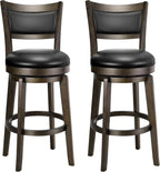 Swivel Bar Stools Set of 2, 26 Inch Counter Height Barstools | Black Faux Leather, High Backrest, Solid Rubberwood Frame