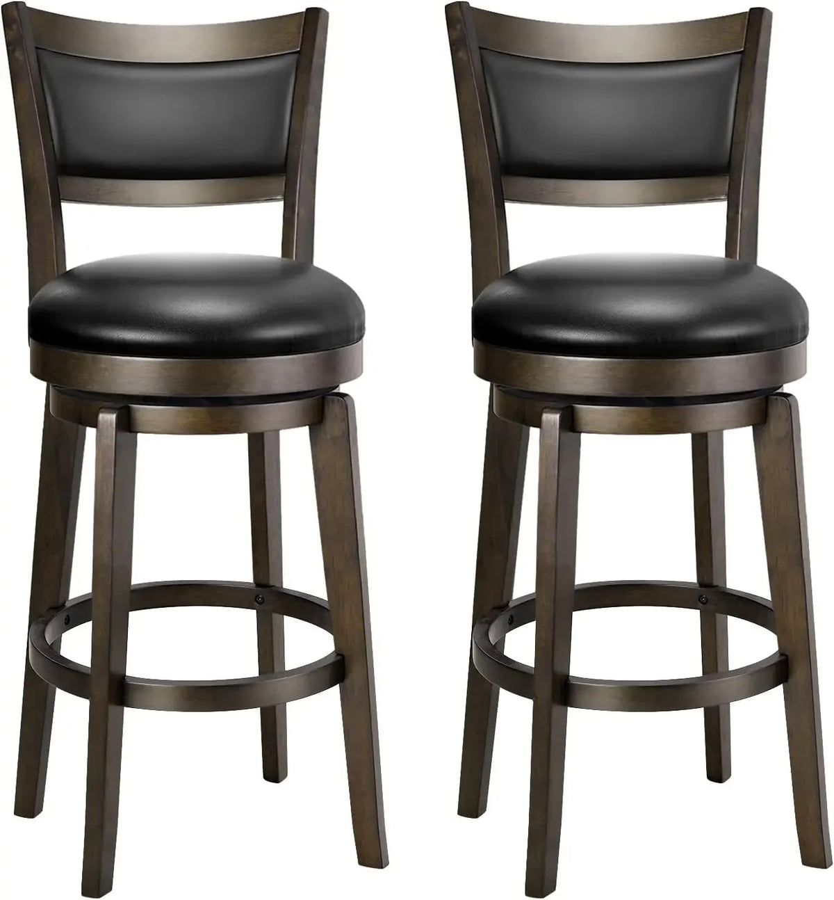 Swivel Bar Stools Set of 2, 26 Inch Counter Height Barstools | Black Faux Leather, High Backrest, Solid Rubberwood Frame