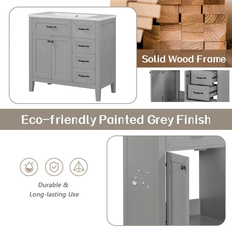 36" Grey Bathroom Vanity with Sink and Drawers, Solid Frame MDF Cabinet