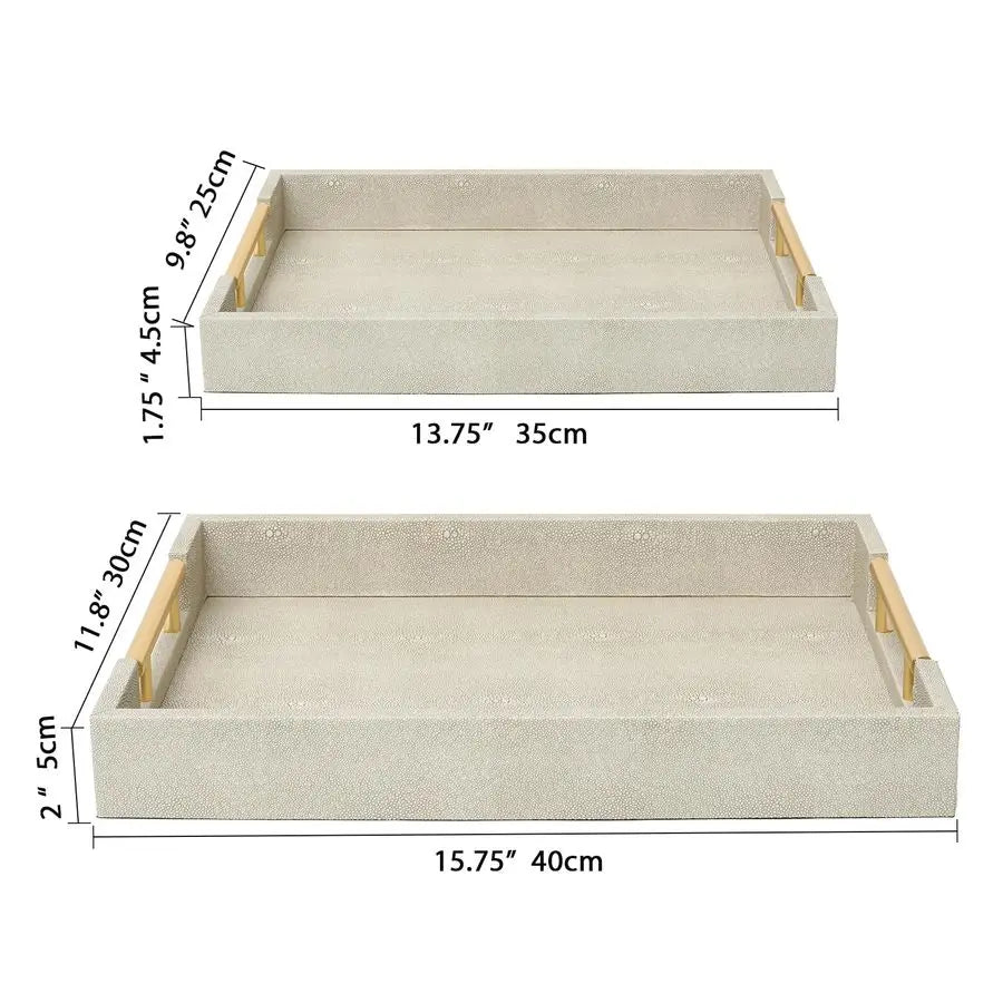 Ivory Luxe Shagreen Decorative Serving Tray Set with Gold Handles – 2 Piece