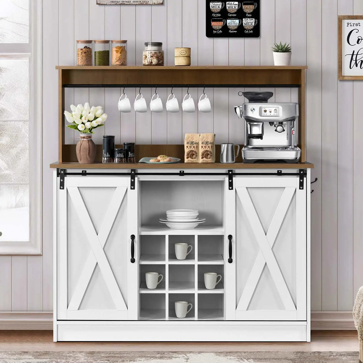 Modern Solid Oak Wine & Bar Cabinet with Glass Storage