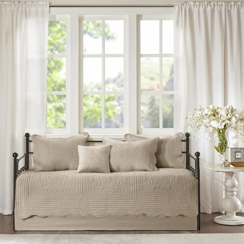 All Season Cotton-Filled Daybed Cover Set with Quilted Design, Scallop Edge, and Coastal Decor Pillows