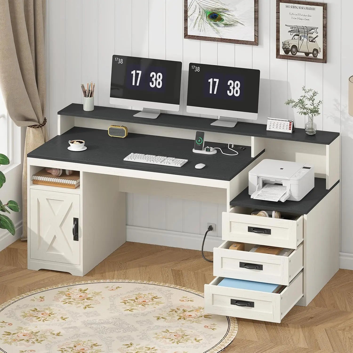 Heritage Farmhouse 65" Executive Computer Desk with Storage & Power Station