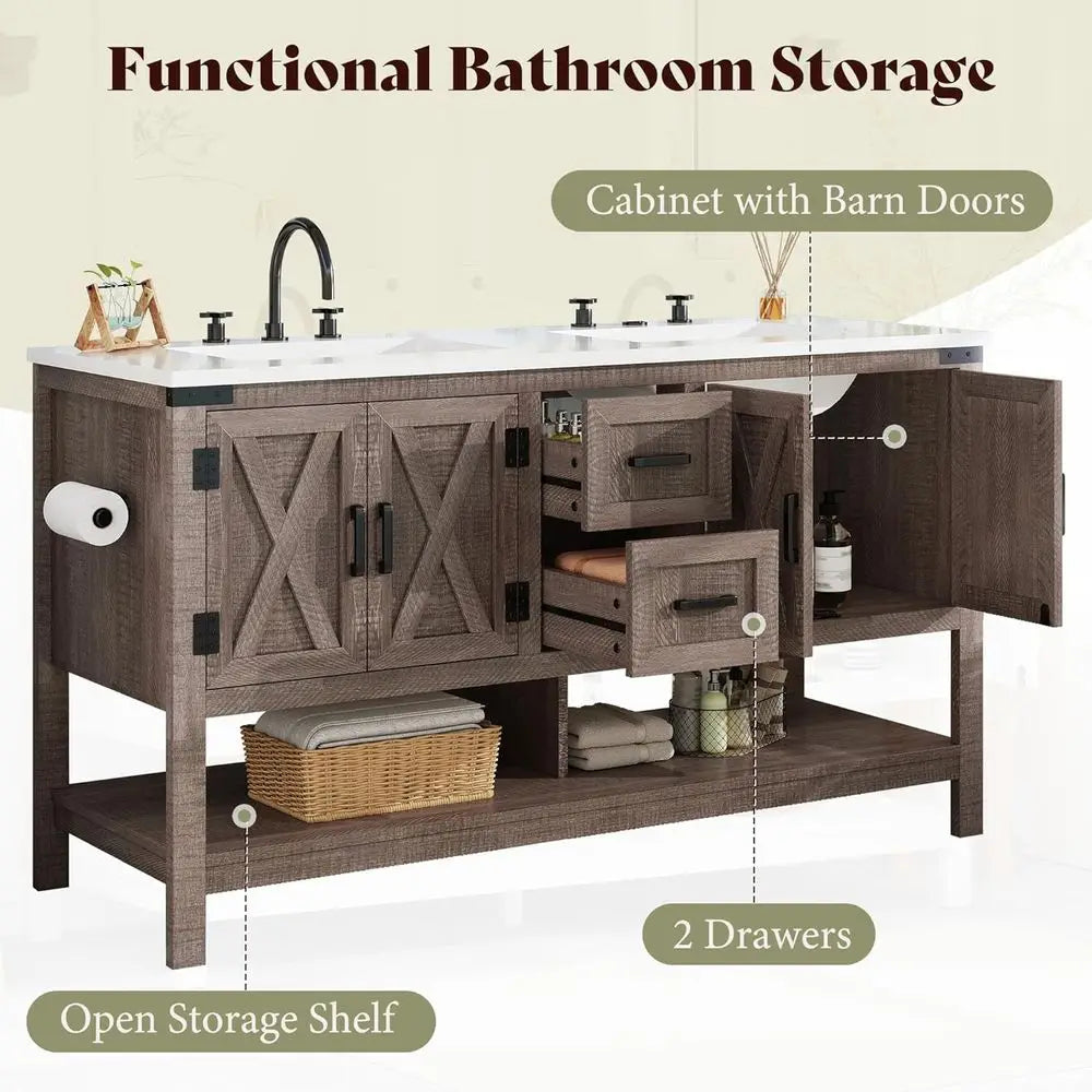 Heritage Farmhouse 60" Double Sink Bathroom Vanity with Barn Doors