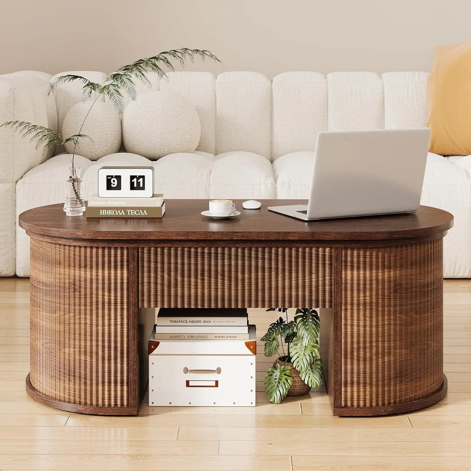 Oval Walnut Fluted Lift Top Coffee Table Hidden Storage Small Spaces Home Office Living Room Mid Century Modern Center Table