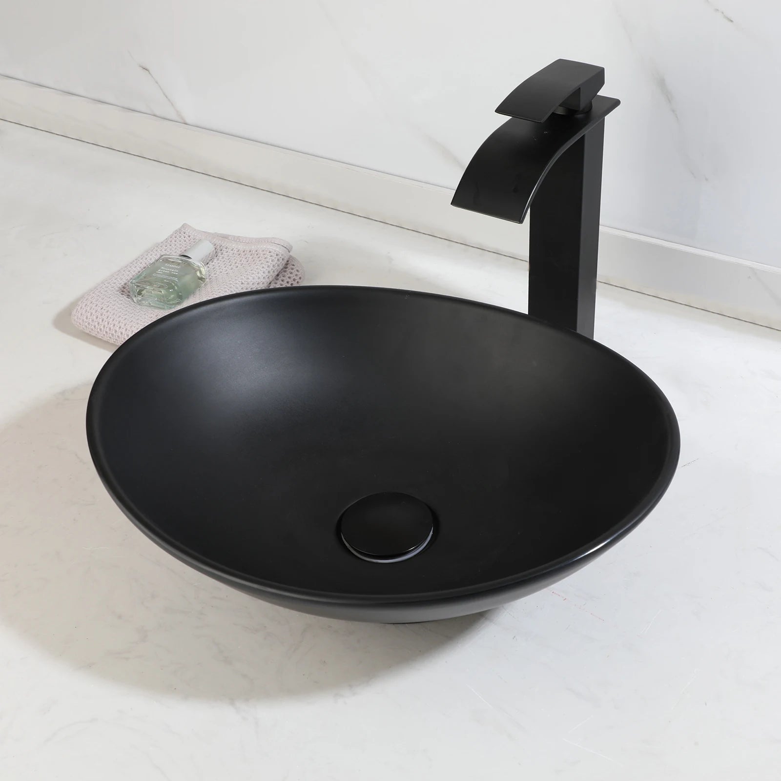 Obsidian Spa Stone Resin Vessel Sink with Waterfall Faucet Set