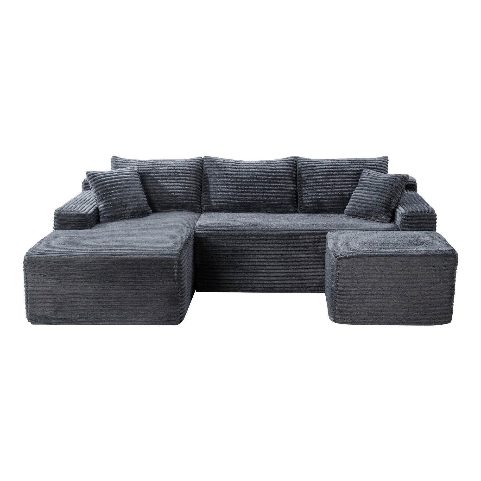 94.5" U-Shaped Sectional Sofa with Deep Seat, No Assembly Modular Cloud Couch in Corduroy Fabric with Ottoman, Space-Saving Sleeper for Living Room Bedroom Apartment, Black