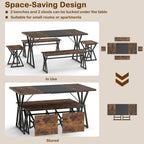 5-Piece Dining Room Set with 2 Benches & 2 Stools, Metal Frame for Small Room