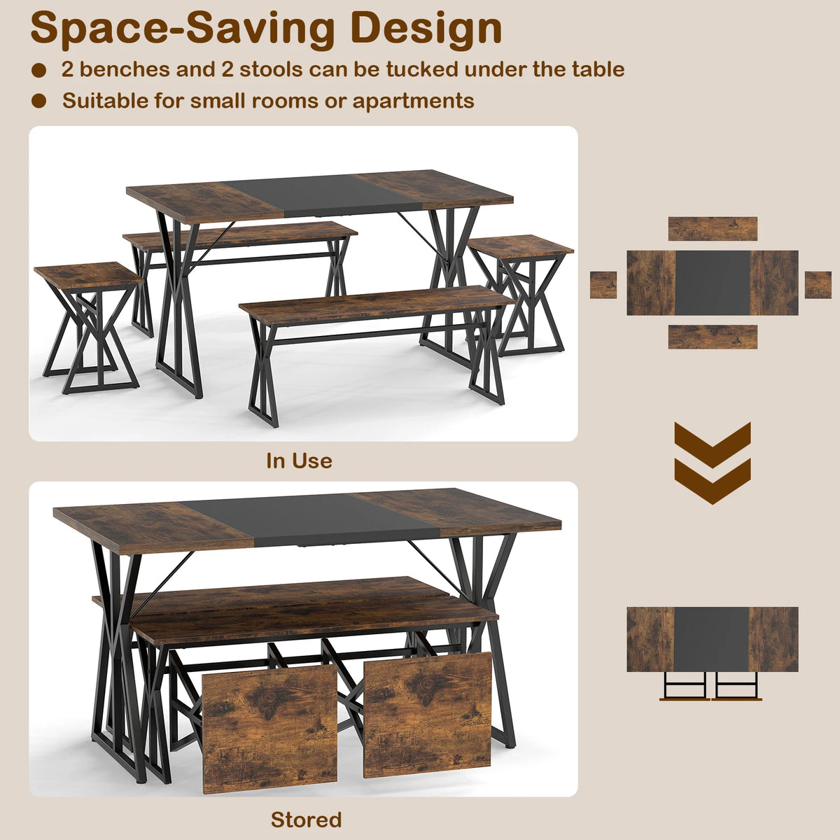 5-Piece Dining Room Set with 2 Benches & 2 Stools, Metal Frame for Small Room