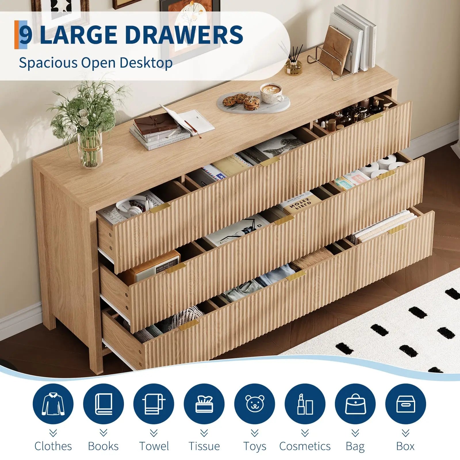 Willow Ridge Mid-Century Fluted Farmhouse Dresser – 9 Drawer Storage Organizer
