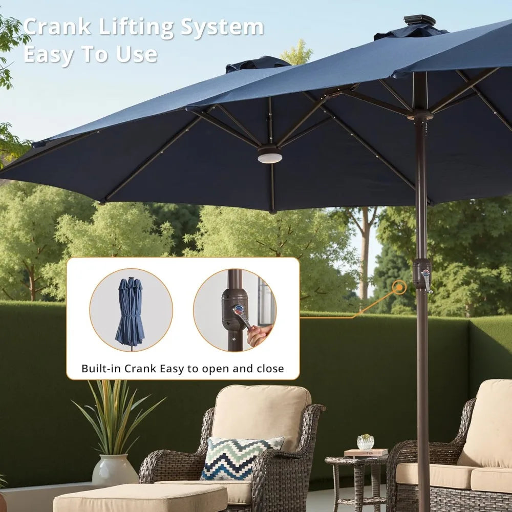 Solara 15FT Double-Sided Patio Umbrella with Solar LED Lighting