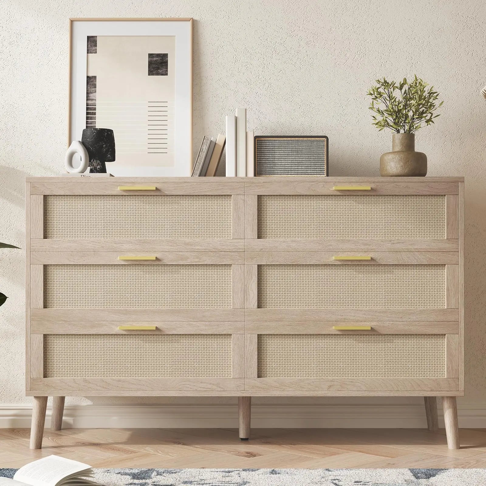 Haven Ridge Mid-Century Rattan Dresser with Gold Handles – 6 Drawer
