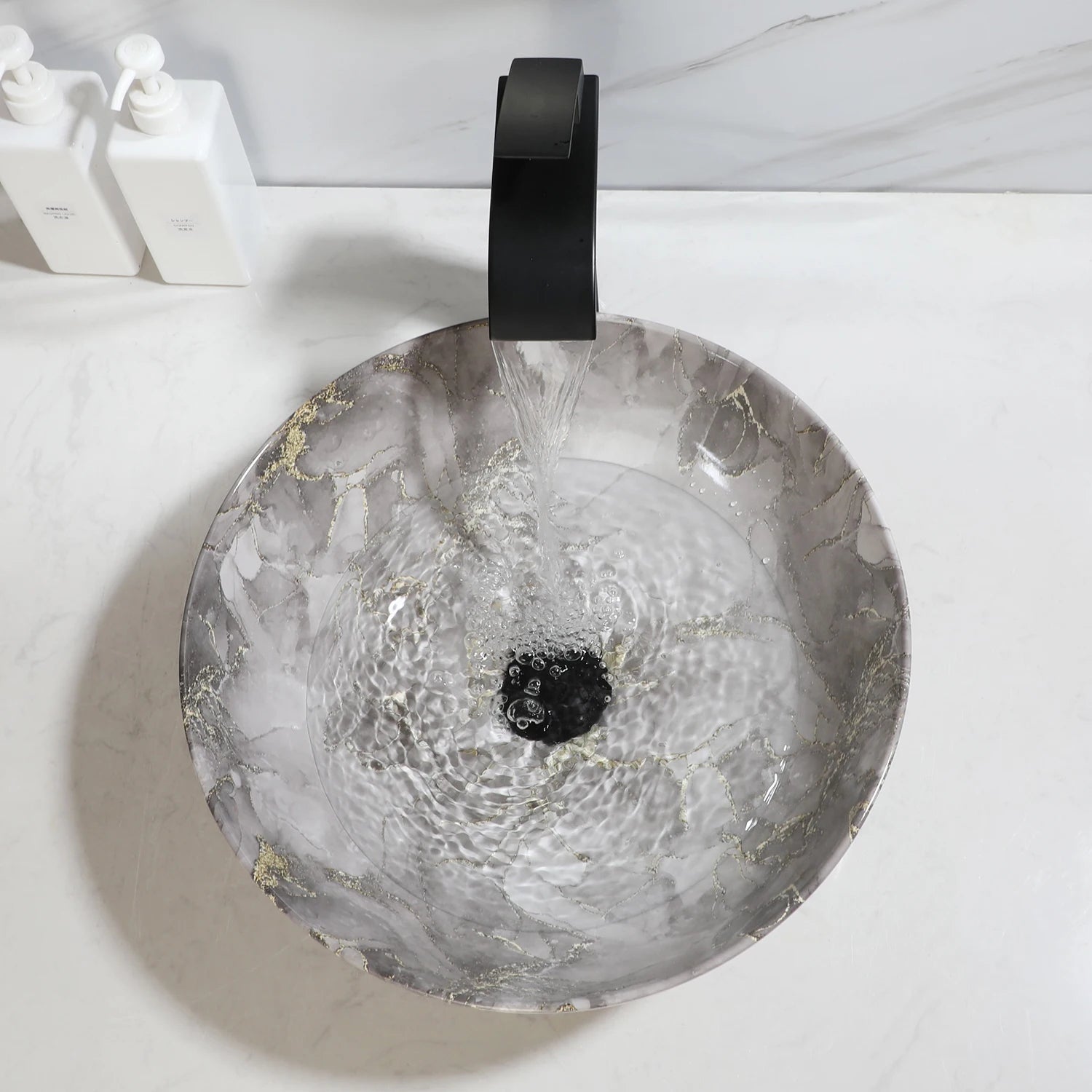 Aurora Luxe Marbled Ceramic Vessel Sink with Matte Black Waterfall Faucet Set