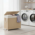 Laundry Hamper with 3 Sections, Large 36.98 gal Rolling Laundry Basket with Wheels, Rattan Clothes Basket with Lid And Removable Liner with Handles, Laundry Baskets