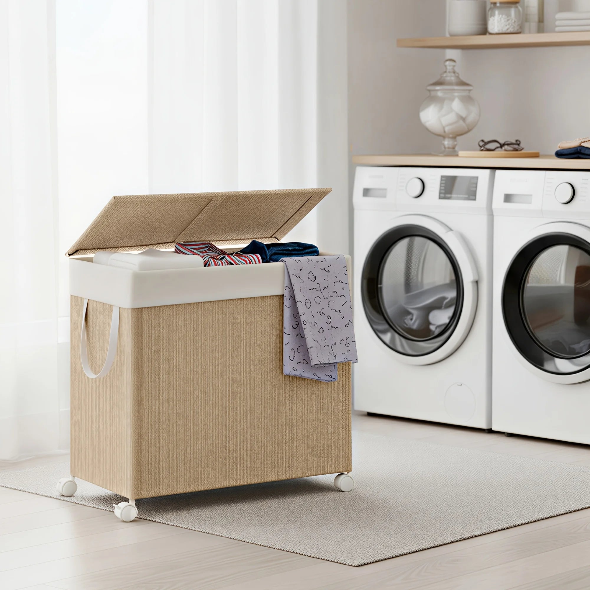 Laundry Hamper with 3 Sections, Large 36.98 gal Rolling Laundry Basket with Wheels, Rattan Clothes Basket with Lid And Removable Liner with Handles, Laundry Baskets