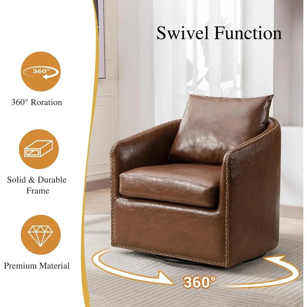 360 Degree Swivel Accent Chair Set o Two with Plump Back Pillow, Waterproo Oil Waxed PU Leather Swivel Armchair with Rivets, Com