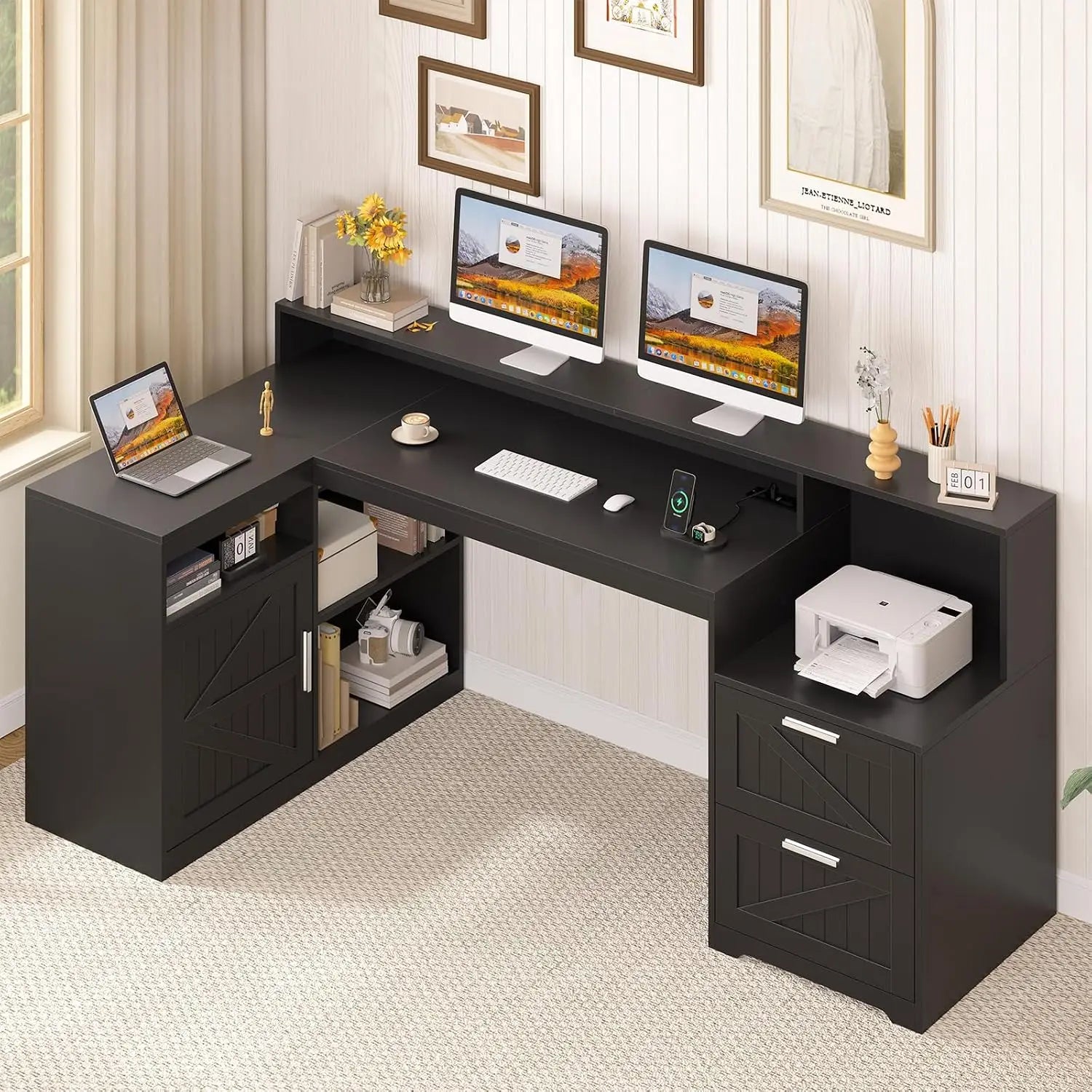 Heritage Farmhouse 62" L-Shaped Executive Desk with Storage & Power Station