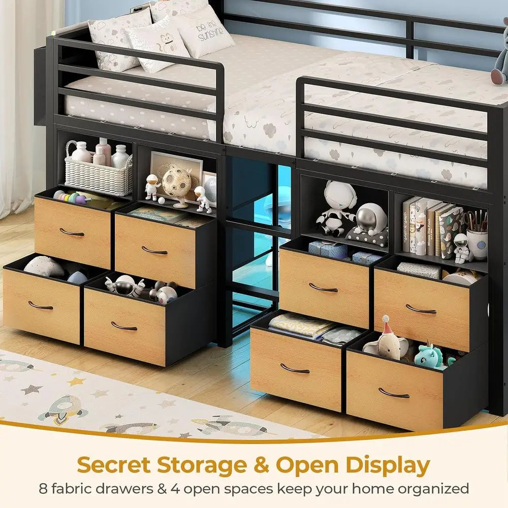 ADORNEVE Low Lot Bed Twin Size with 8 Storage Ders or Kids, Natural | Storage Bookcases, LED Lights, 14" H Saety Guardrail, Spac
