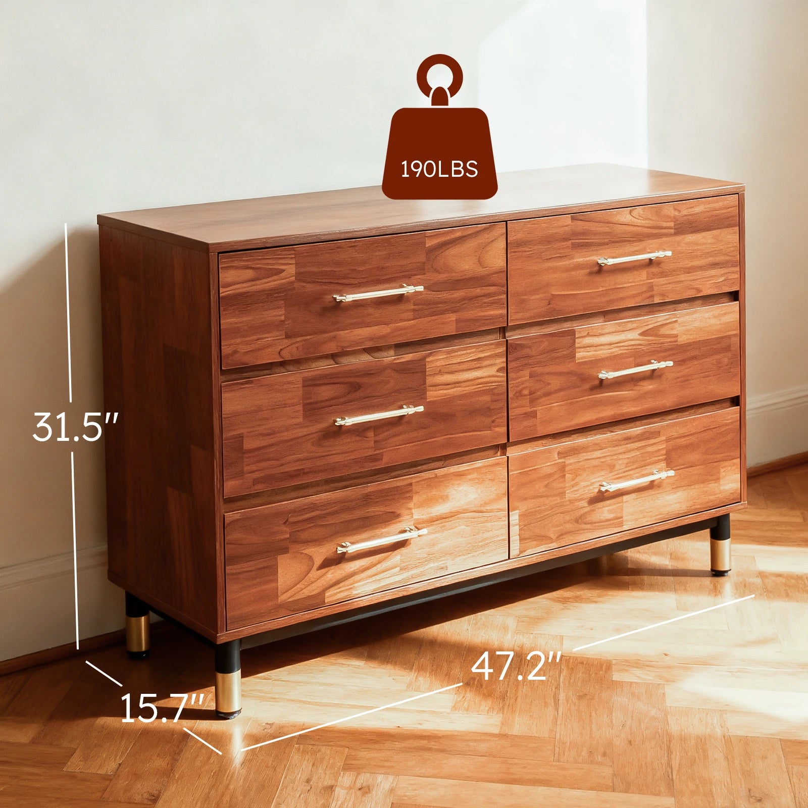 Walnut Modern Wood Dresser – 6 Drawer Storage Cabinet