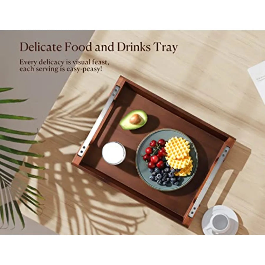 Acacia Wood Serving Tray with Metal Handles
