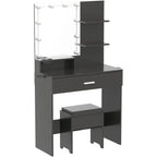 Black Lighted Vanity Desk with Mirror, Storage & Charging Station