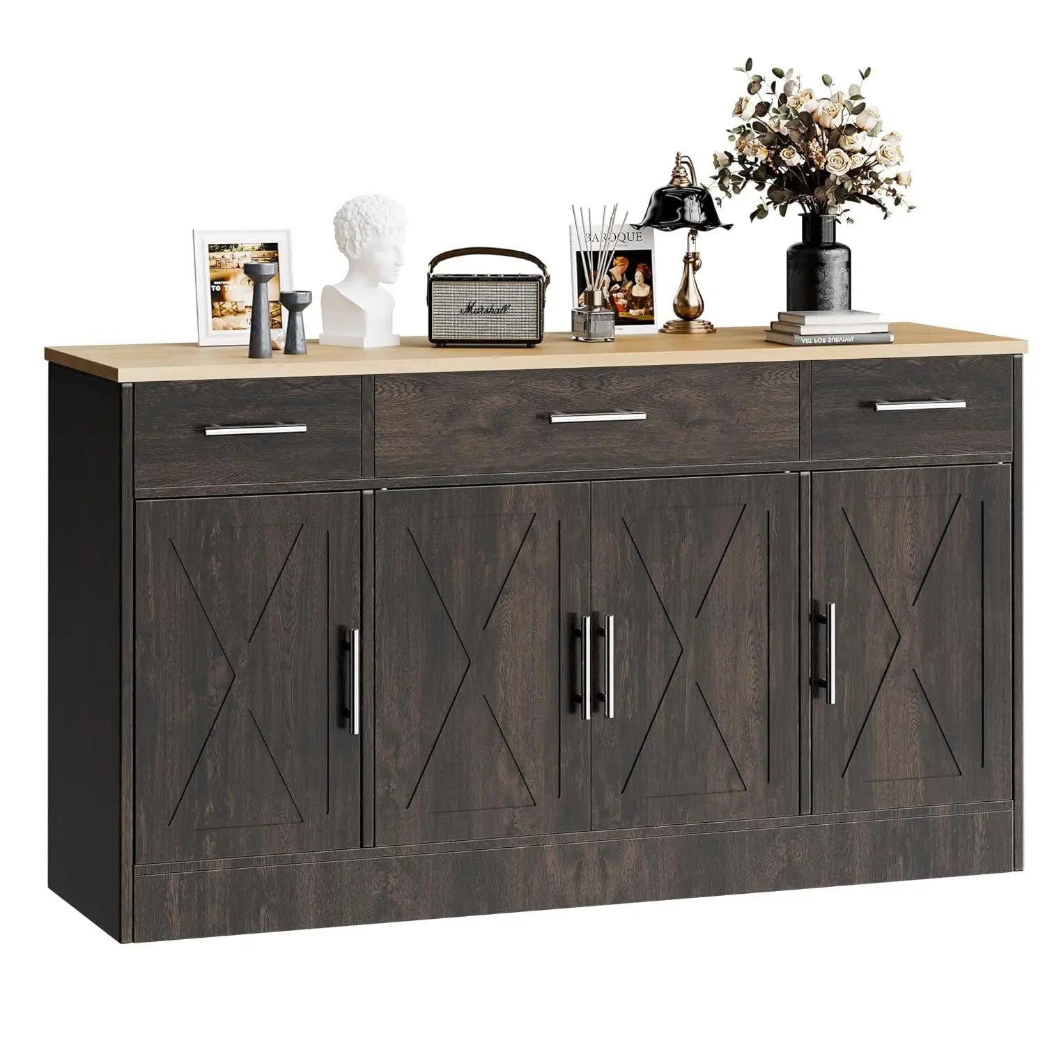 Haven Ridge Heritage Farmhouse Buffet Cabinet – 4 Door, 3 Drawer
