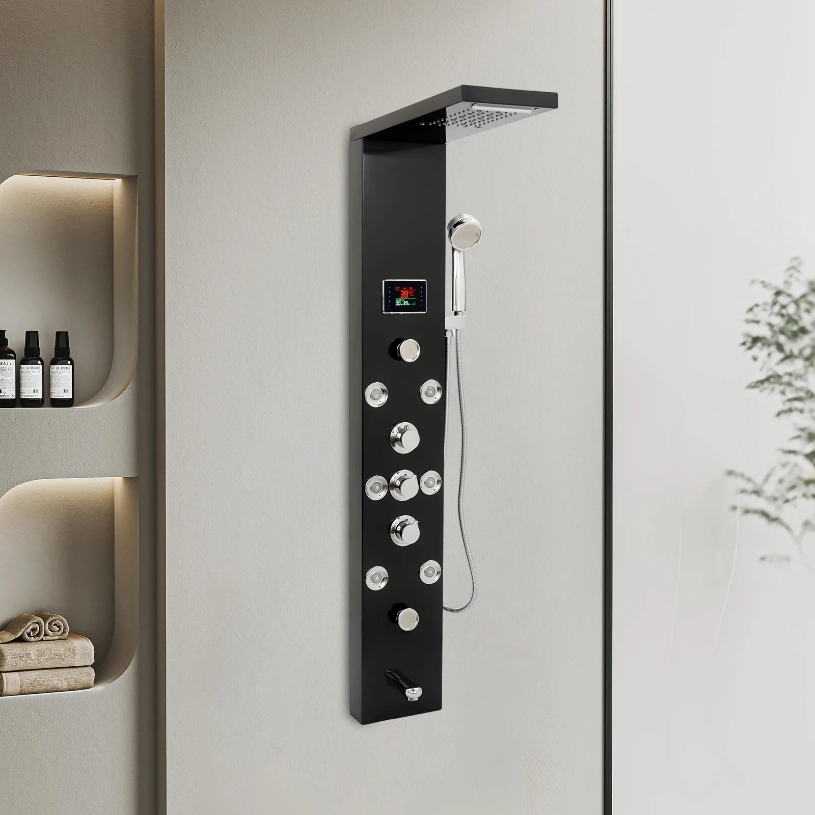 6-Function LED Shower Panel Tower with 8 Massage Jets – Black