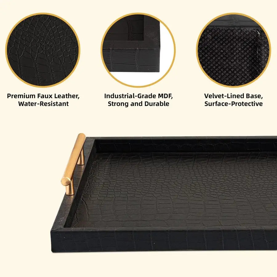 Noir Luxe Decorative Serving Tray Set with Gold Handles – 2 Piece